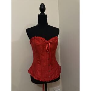 Szivyshi Corset Top Bustier Shapewear Red Ribbon Lace Up Ruffle Push Up Floral